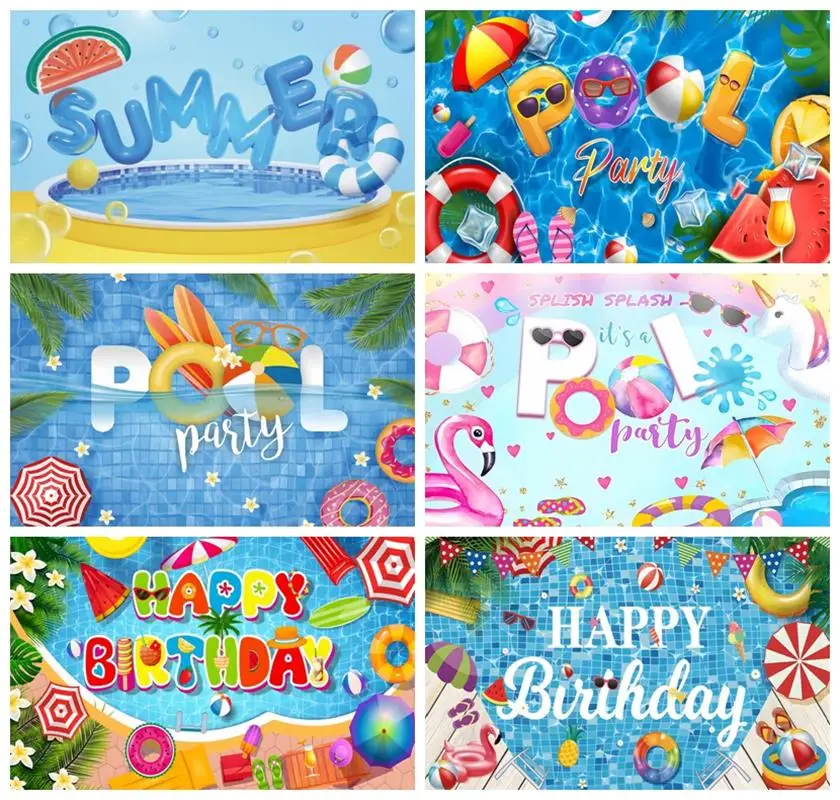Laacco Pool Party Sfondo Summer Swimming Balls Lifebuoy Water Wave Ripple Kid Birthday Portrait Custom Photography Background