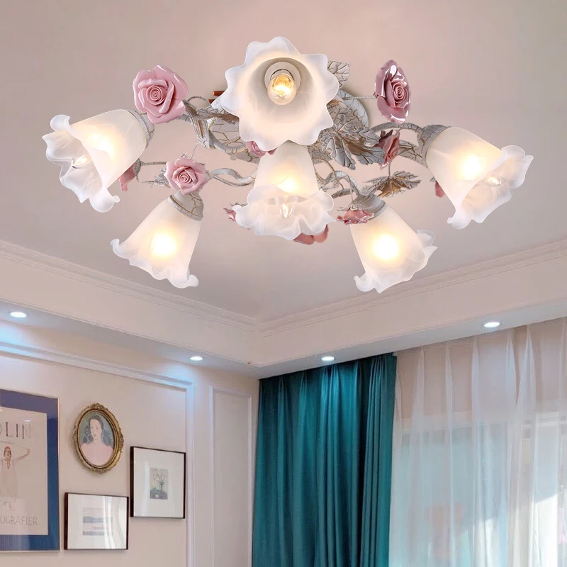 

Warm Home Bedroom led Ceiling Light Romantic Rose Lamp Wrought Iron Flower Ceiling Lamps Retro Living Room Decor Light Fixtures