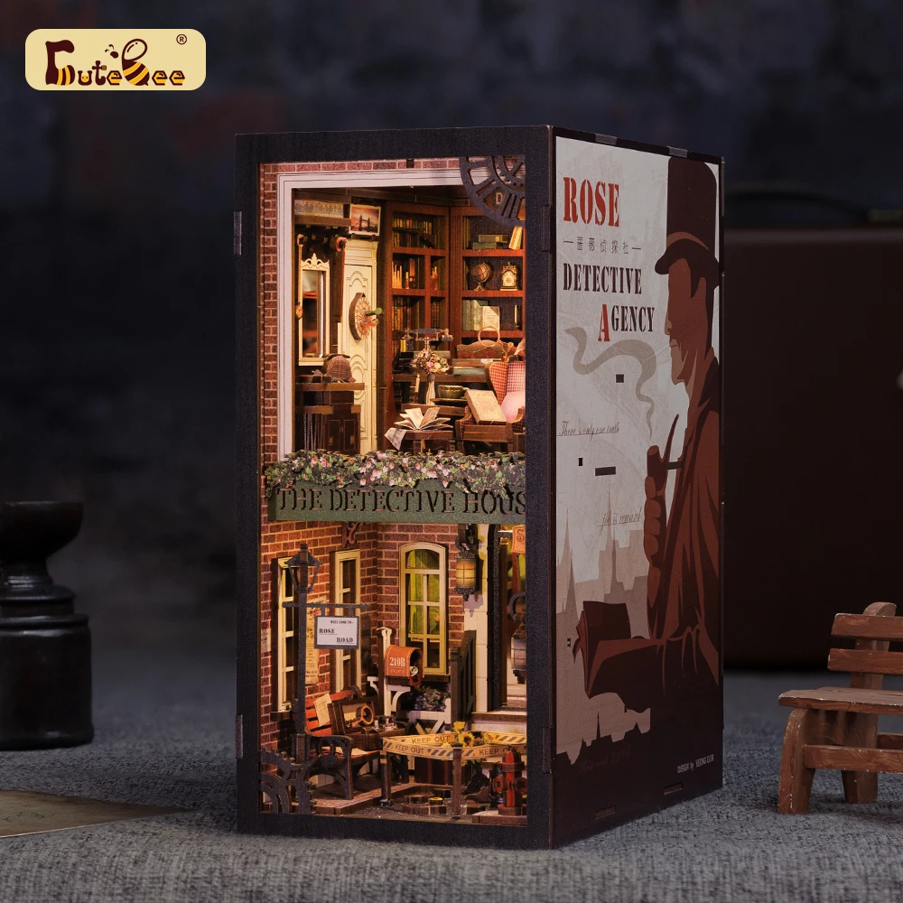 Cutebee Detective Book Nook 3D Puzzle Kit Con Touch Light Dust Cover Bookshelf Insert Model Toy Gift Idea Rose Detective Agency