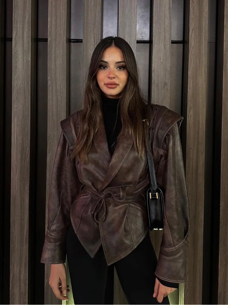 ZBZA Women's Lace-up PU Leather Jacket Vintage Solid Long Sleeves Lapel Pocket Belt Locomotive Outerwear Fall Winter Female Top