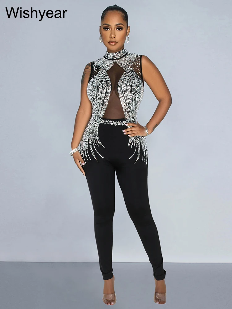 Wishyear Sexy One Piece Suit Club Outfits Women See Through Mesh  Diamonds Rhinestone Skinny Sleeveless Birthday Night Jumpsuit