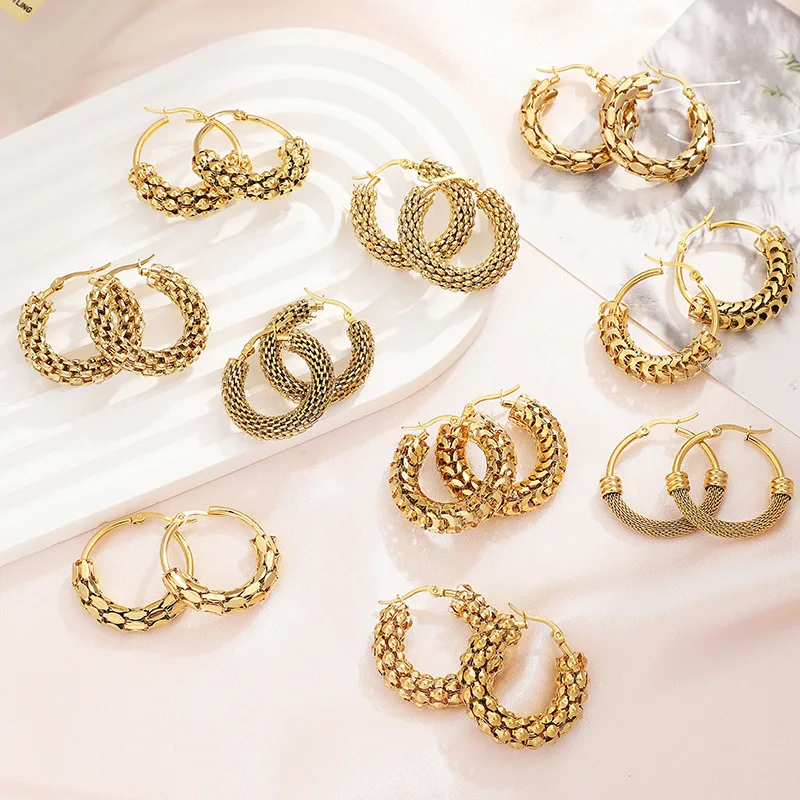 

1 Pair Stainless Steel Gold Color Geometric Metal Mesh Earrings For Women Girls New Trend Hoop Ear Jewelry Gift