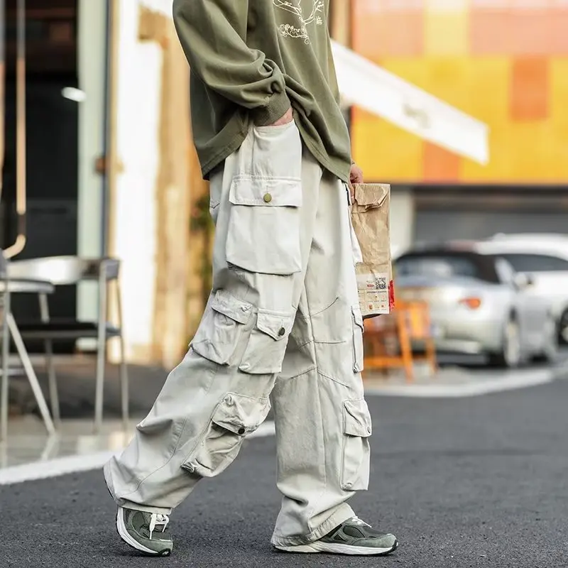 

Men's Multi-pockets Cargo Pants Autumn Vintage Solid Color Hiphop Overalls Baggy Casual High Street Mopping Trousers