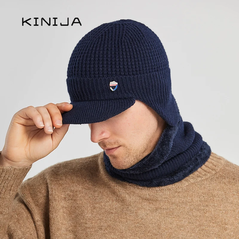 Winter men Skullies Beanie Hat fishing Warm Baseball Cap Windproof ear protection Cap Balaclava Gorras Bonnet Knitted Hat+scarf - 4