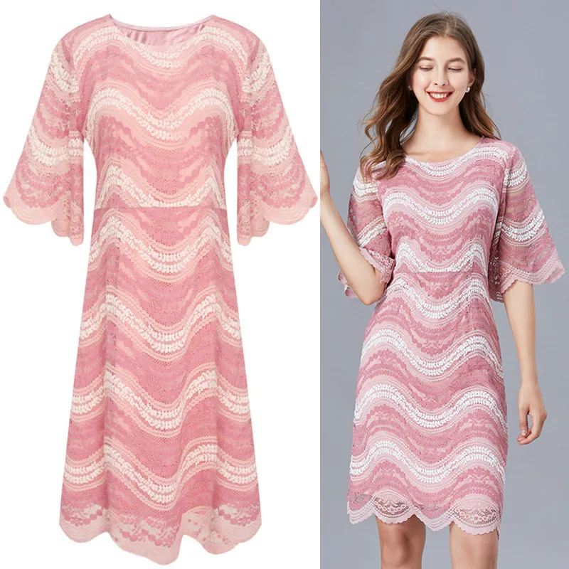 

Pink lace dress European and American fashion hollow out side zipper elegant large size dress women