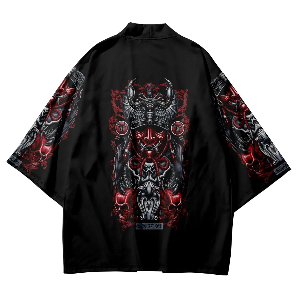 

Japanese Kimono Black Demon Print Cardigan Men Summer Samurai Streetwear Shirt Kimono Haori Yukata