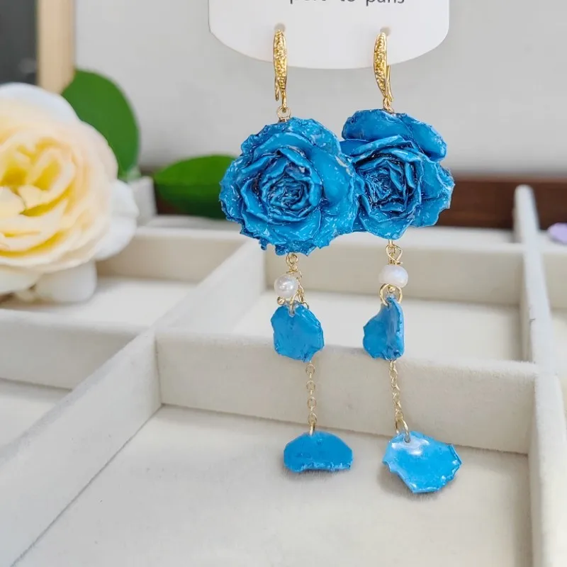 Elegant Immortal Rose Long Earrings Epoxy Resin Real Rose Flower 7
