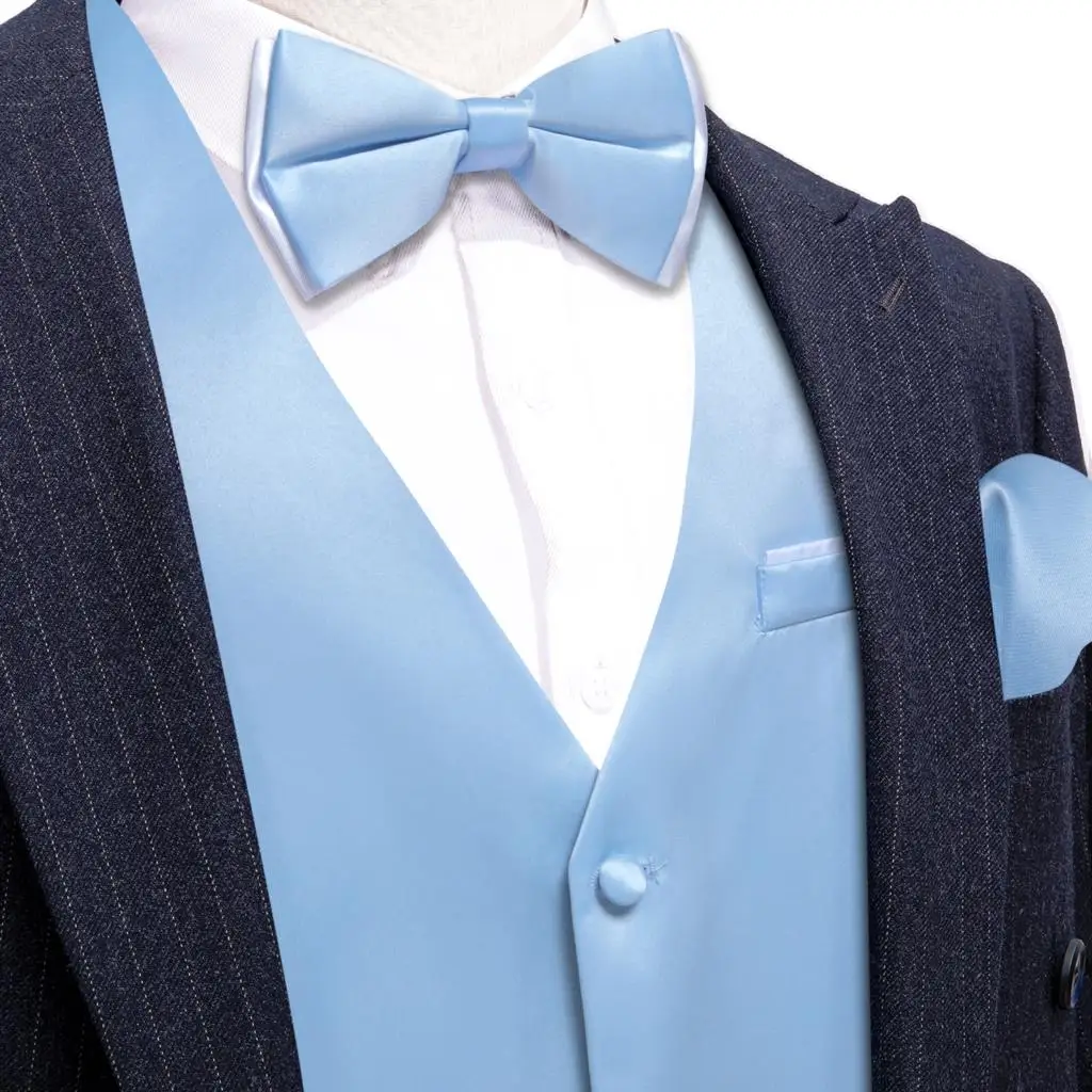 Luxury Vest for Men Sky Blue Solid Plain Silk Waistcoat Bowtie Set Wedding Party Formal Male Sleeveless Jacket Barry Wang