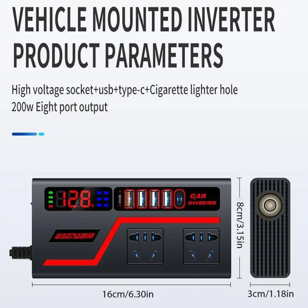 유니버설 차량용 인버터 200W 고출력 QC 3.0 USB/타입 C 충전기 차량용 컨버터 디지털 디스플레이 DC 12V/24V - 220V 전원 어댑터