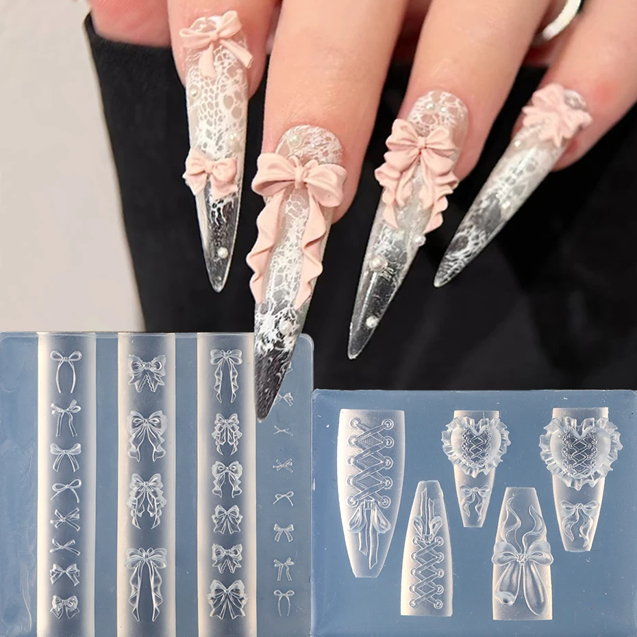 유행 활 발레 네일 스탬핑 플레이트 귀여운 나비 매듭 실리콘 조각 몰드 미니 식기류 매니큐어 장식 용품