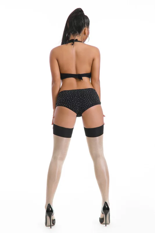 Description Picture 4 of itemWomen's Oil Shine Shiny Thigh High Stockings Erotic Retro Sexy Ladies 30D Lustre Legs Rib Top Opaque De Mujer