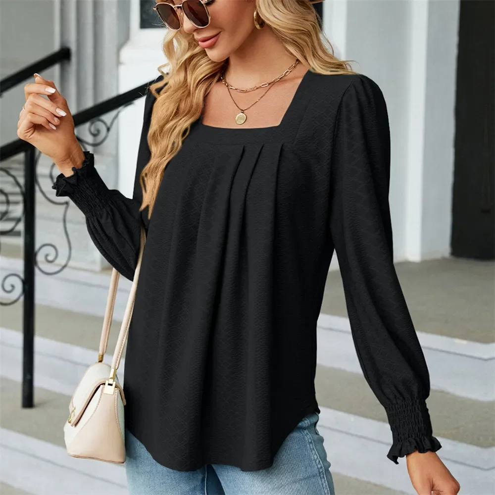 Women's Blouses & Shirts for Women Elegant Clothes Korean Long Sleeve Square Neck Purple Chiffon Tops Spring Autumn Clothing