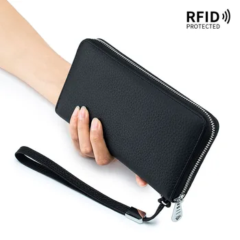 Portafoglio da donna in vera pelle con funzione RFID, design di lusso, borse con cerniera lunga, porta carte in pelle di vacchetta, borsa alla moda femminile