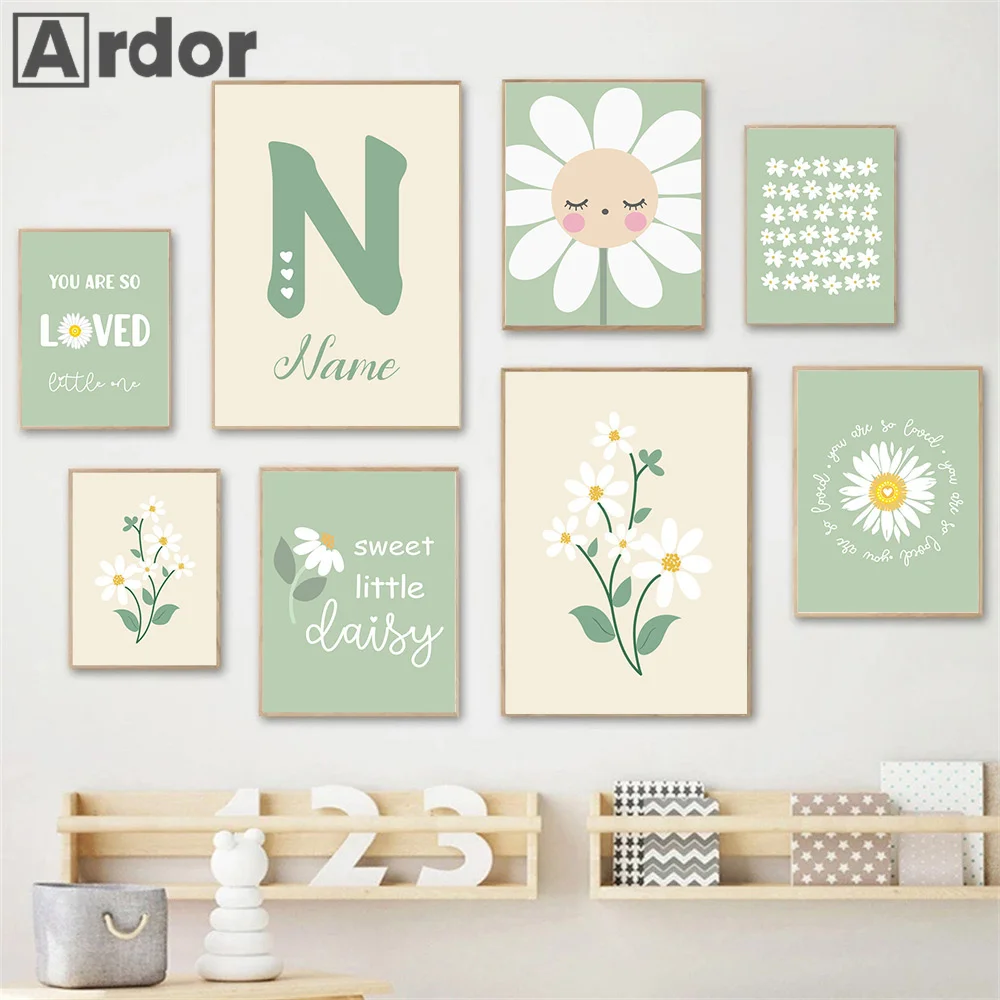 

Abstract Custom Name Nursery Poster Green Flower Wall Art Print Quotes Canvas Painting Nordic Pictures Baby Kids Room Home Decor