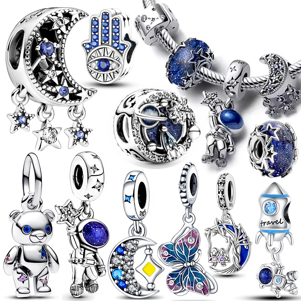 

925 Sterling Silver Blue Series Galaxy Heart Charm Fit Original Pandora Bracelet DIY For Women Charms Bead Making Gift