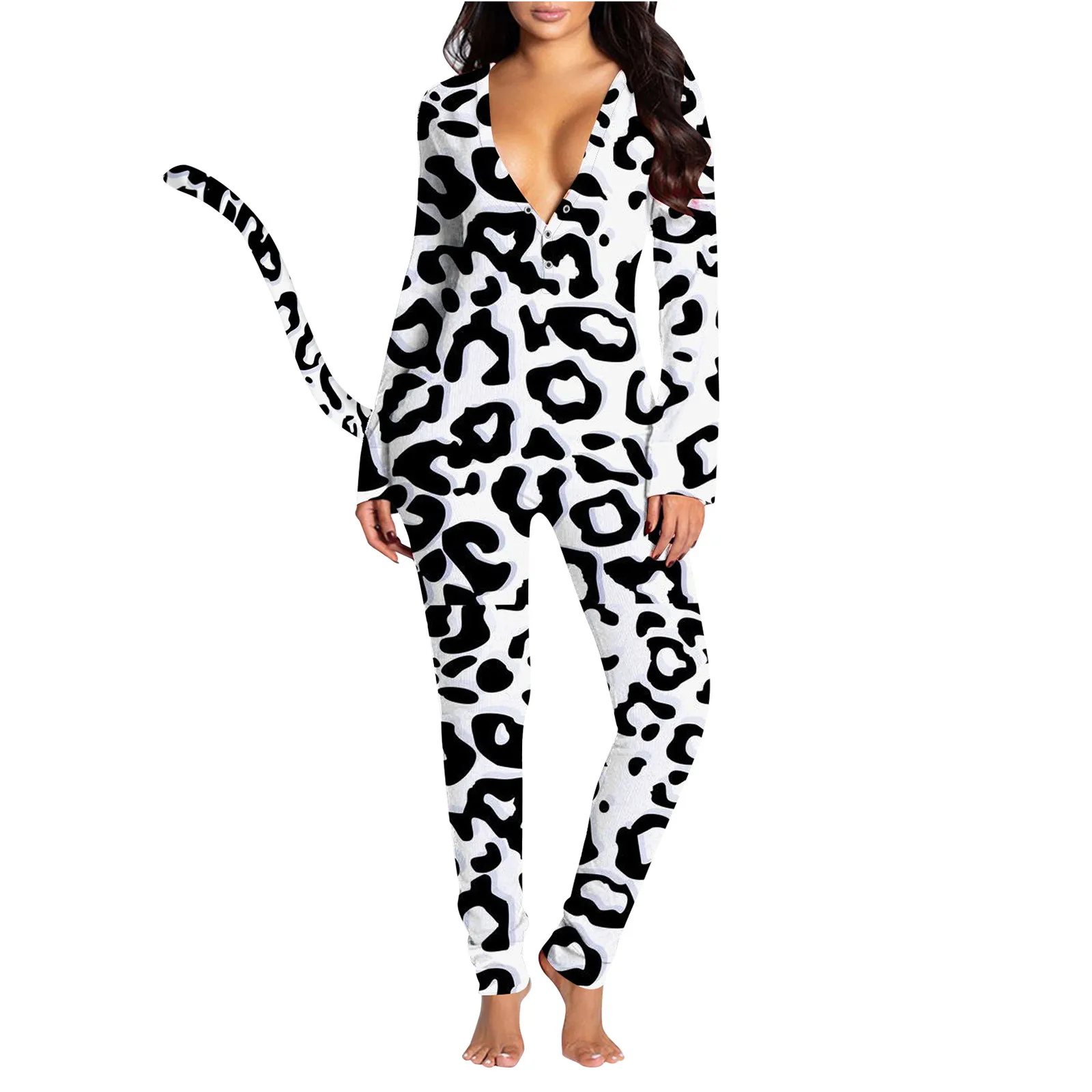 

Women Print Long Sleeve Button Flap Nightwear Jumpsuit Bodysuit Playsuit Romper Women Summer Bodysuit Women Overalls Romper