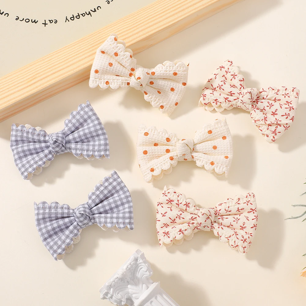 RAINBOW BOWS 2/6pcs Floral Print Hair Bow Clips for Girls Lace Side Pastoral Cotton Hairpin Barrettes Headwear Hair Accessories