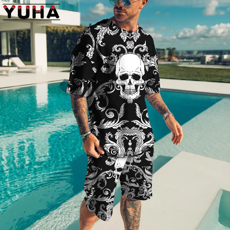 YUHA,Summer Men's Clothing T Shirt Sets 3D Terrible skeleton Print Casual Shorts Tracksuit Male 2 Piece Suit Newest  Short Sleev newest summer men sets ethnic wind retro print shorts outfits vintage men’s clothes t shirt 2pcs casual o nece tracksuit sport