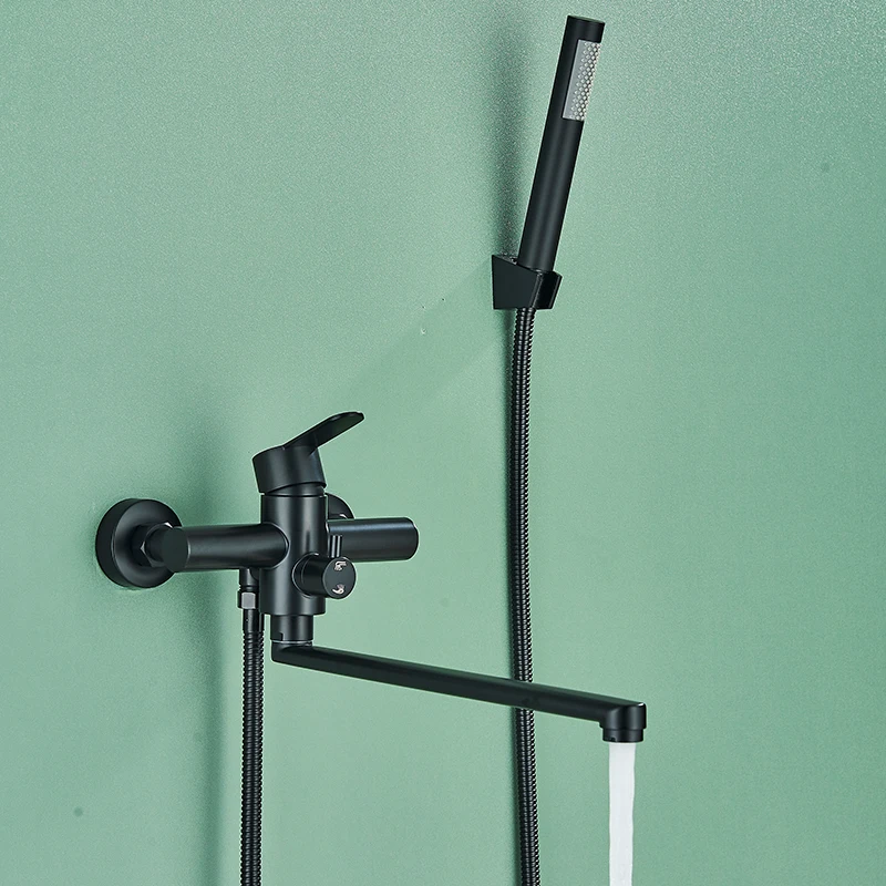 Long Spout Bathtub Shower Faucet Hot and Cold Water Mixer Swivel Tub Spout Wall Mounted Bath Tap  2-ways Water Outlet Crane 4