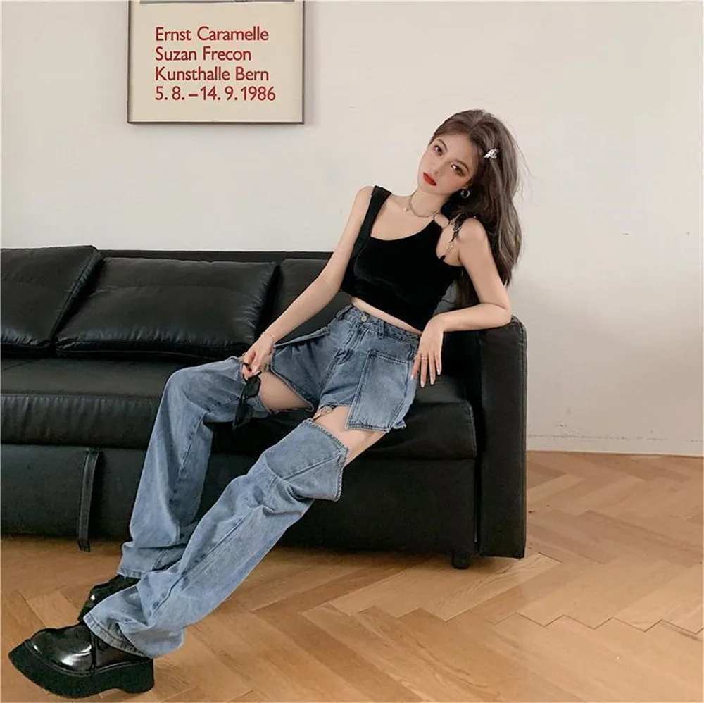 2024 Spring/Summer Jeans Women's Loose High Waist Slim Wide Leg Straight Leg Pants Detachable Shorts