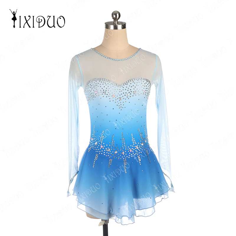 

Light Blue Figure Skating Dress for Women and Girls Long Sleeve Ice Figure Skating Clothes Gauze with Rhinestones