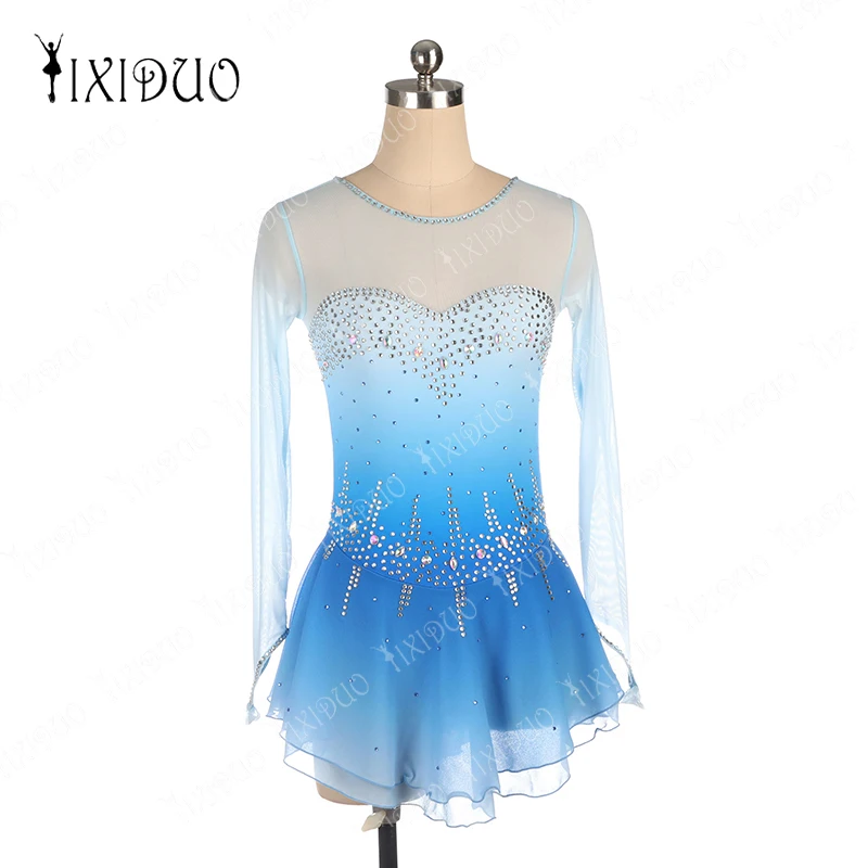 LightBlueFigureSkatingDressforWomenandGirlsLongSleeveIce