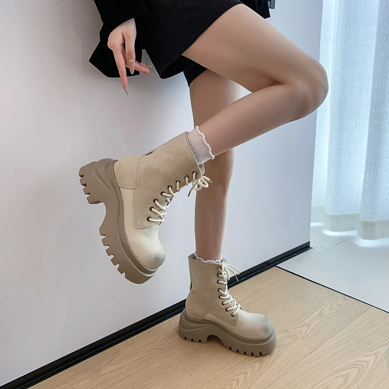 Aphixta Classical 7cm High Chunky Heel Women's Ankle Boots Cross-tied Leather Women's autumn boots Korean Style Platform boots