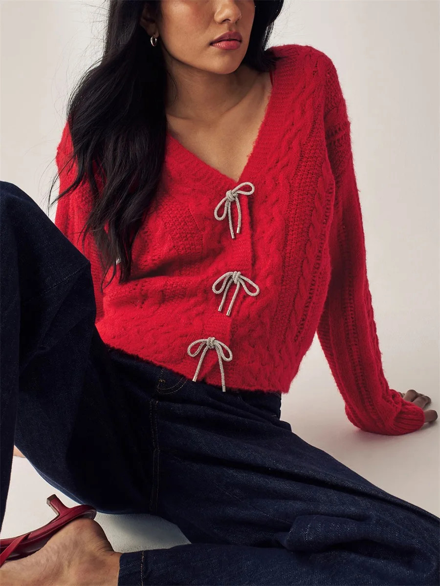 Ladies Knitted Cardigan with Tie Bow Detail Snap Button Closure V Neck and Long Sleeves - Stylish Sweater Jacket for