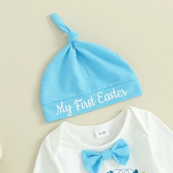 Baby Boy Outfit Short Sleeve Dinosaur Print Romper Elastic Waist Shorts Matching Hat Summer Set for Infants and Toddlers 2