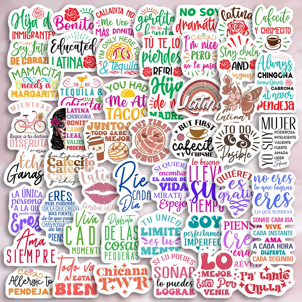 

50pcs Spanish Sayings Latina Positive Quote Stickers Waterproof Water Bottle Stickers Scrapbooking Skateboard Luggage Stickers