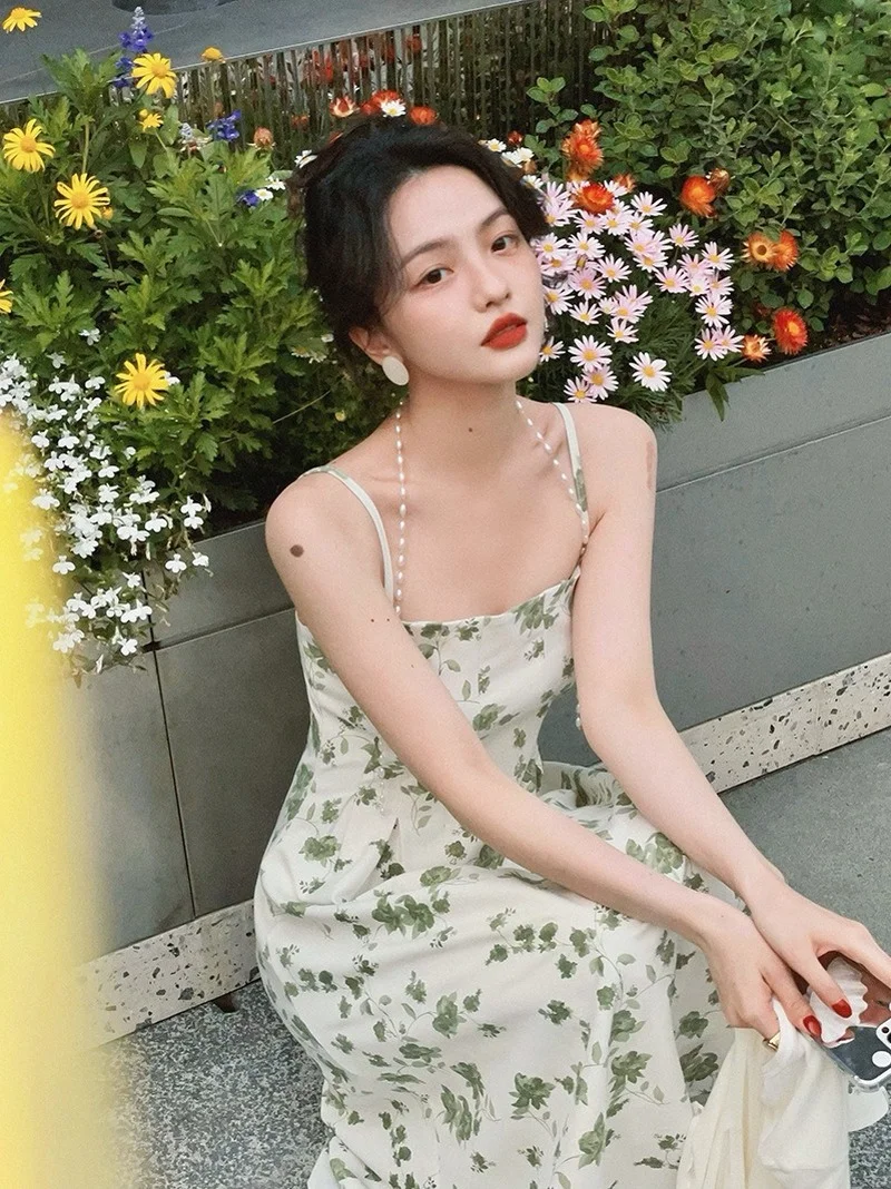 

2022 Summer Sexy Dress Women Green Floral Print Slip Dress High Quality French Style Elegant Long Dresses