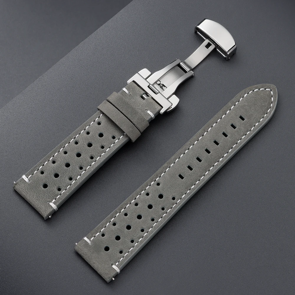 Vintage Cowhide Leather Quick Release Watch Strap with Butterfly Buckle - Brown/Black