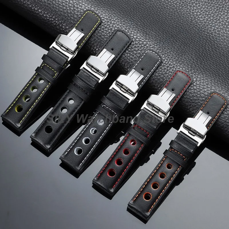 Vintage Genuine Leather Watchband with Butterfly Clasp - Fashionable 20mm Cowhide Strap