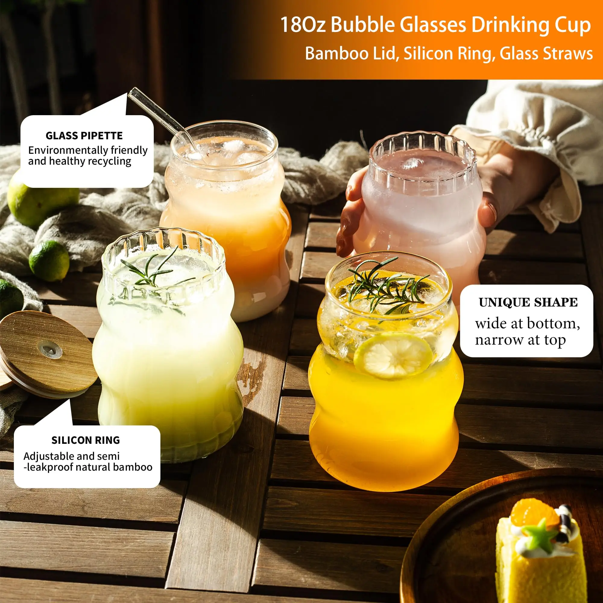 4PCS Ribbed Glass Cups With Straws With Lids Set 18Oz Vintage Drinking Glassware For Iced Coffee Beverage Milk Cocktails