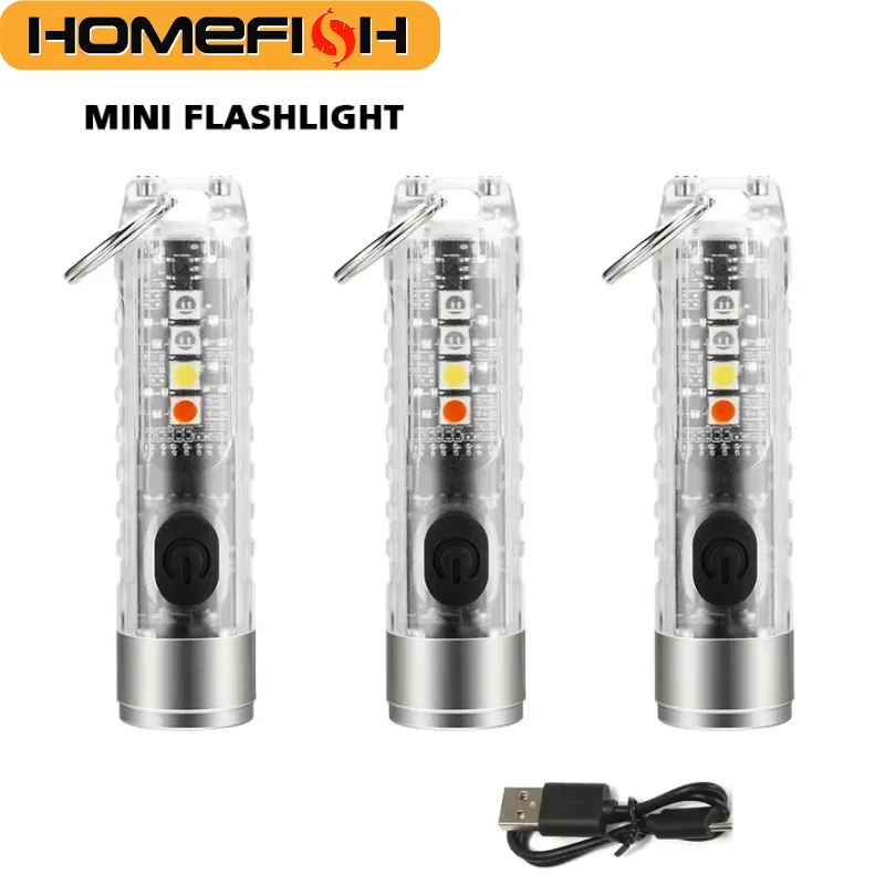 Mini Keychain Flashlight HOMEFISH Type-C Fast Charge IP66 Waterproof Torch Magnet Warning Light Camping Outdoor Use