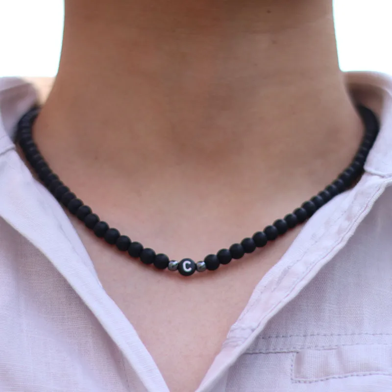 Men Onyx Stone Initial Necklace 6mm Hiphop Rock Choker
