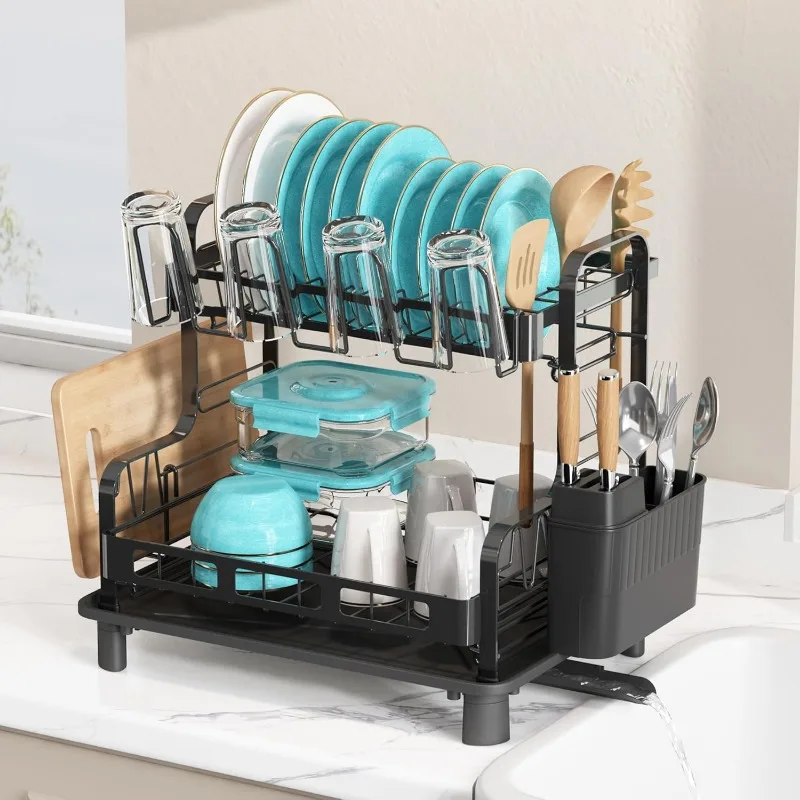 2 Tier Dish Drying Rack and Drainboard Set, Large Stainless Steel Dish Drainers for Kitchen Counter, Strainer Shelf