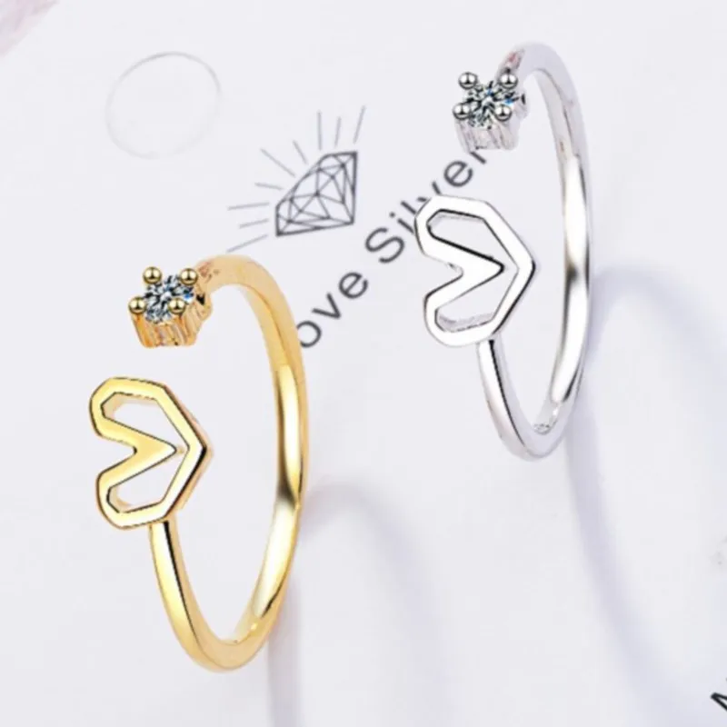 Korean Heart-shaped Hollow Zircon Opening Ring for Women Simple Sweet Finger Couple Rings Jewelry Gifts