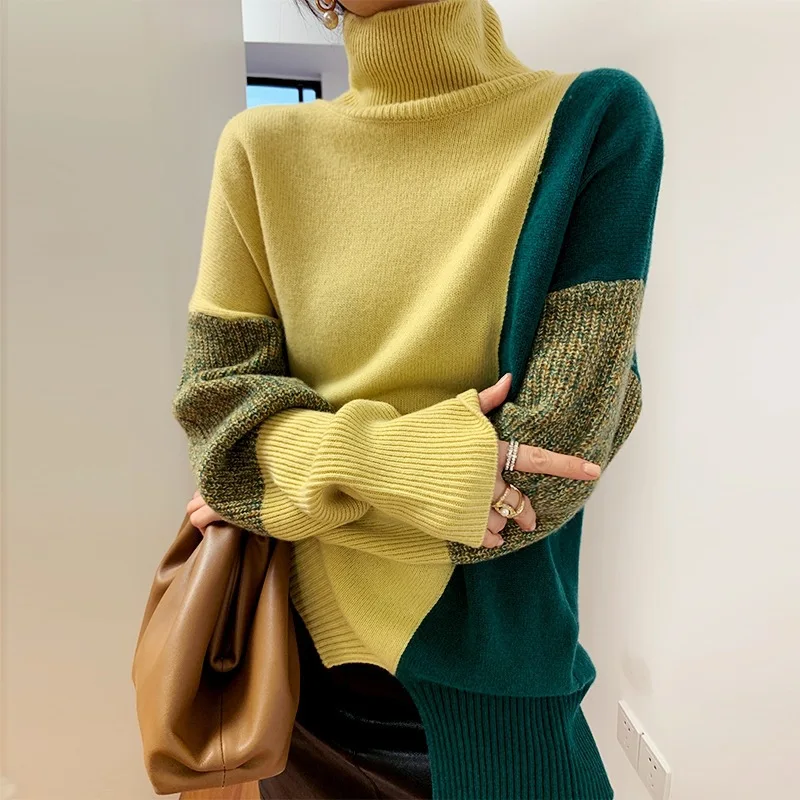 

Autumn/winter high neck contrast new languid knit undershirt women's sweater long-sleeved top woman