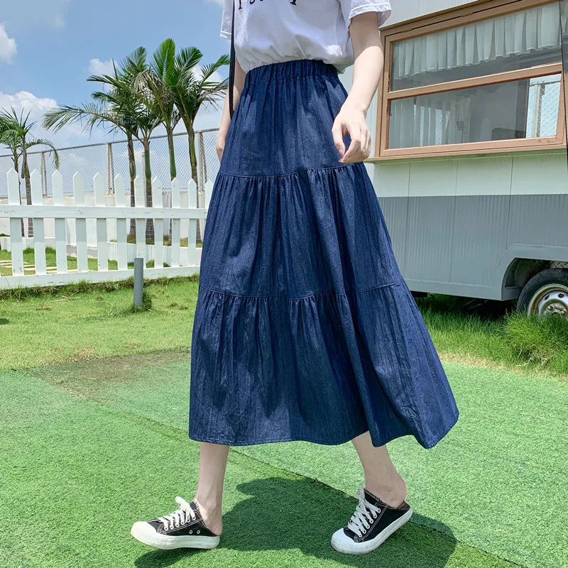 Soft Slik Denim Midi Skirt for Women Blue Jean Elastic Waist Tiered Flared Long Skirt Summer Vintage Casual Daily Outfit