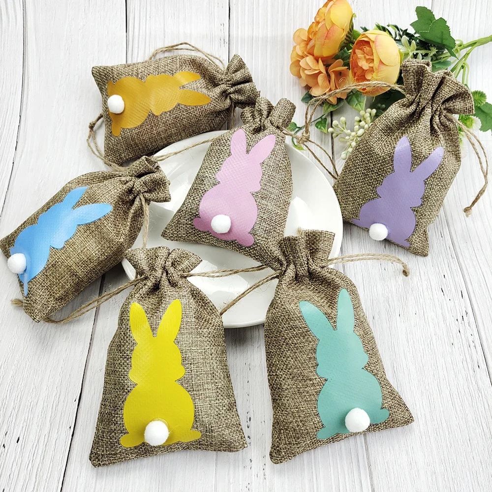 Happy Easter Gift Bags Easter Bunny Candy Cookie Bags Linen Drawstring Pocket Packing Bags Packaging Easter Decoration 2026