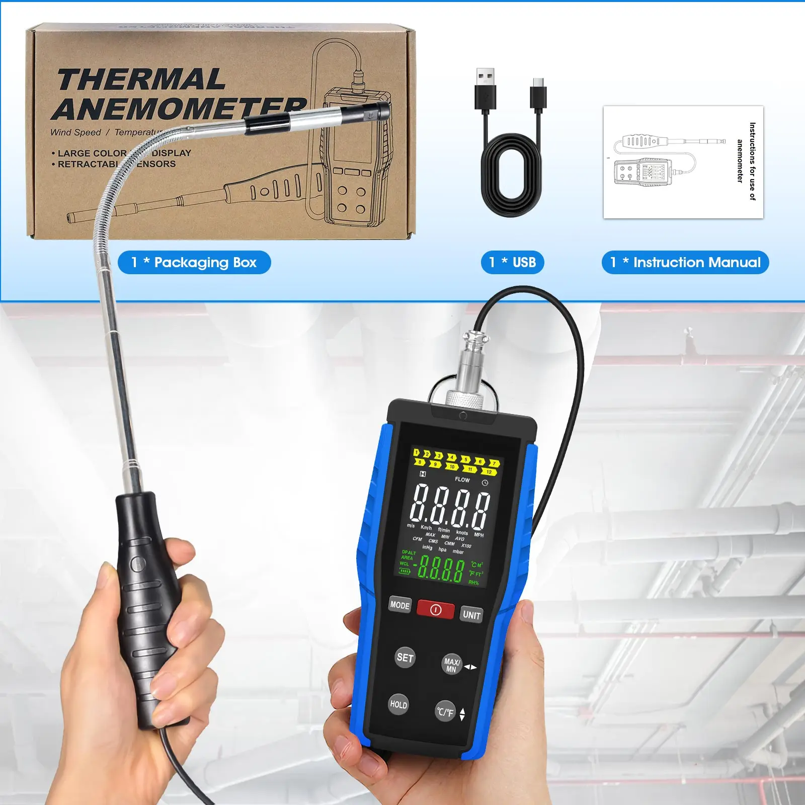 접이식 프로브가 있는 풍속계, 풍량/온도 측정기, 대형 컬러 LCD, 충전식, HVAC 드론 환기용