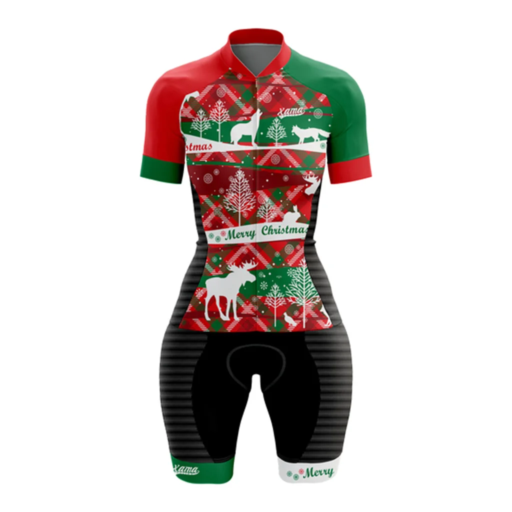 

XAMA Cycling Christmas Costume Women's Bicycle Short Sleeve Skinsuit Sexy Tights Macaquinho Ciclismo Feminino Anti-UV Jumpsuit