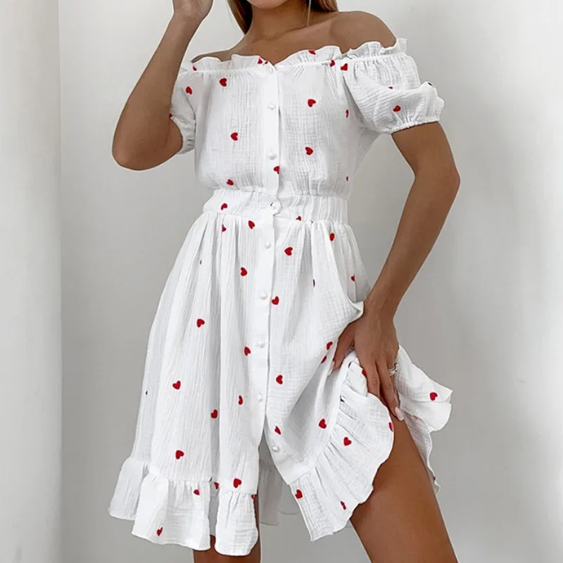 Summer Cotton & Linen Women's Bubble Sleeve Love Printed High Waist Dress 2024 New Fashion Women Sweet Elegant A-line Dresses