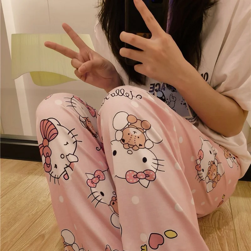 

Cartoon Hello Kitty Sleepwear Womens Loose Spring/autumn New Home Casual Pants Summer Air-conditioned Pants Girls Pajamas