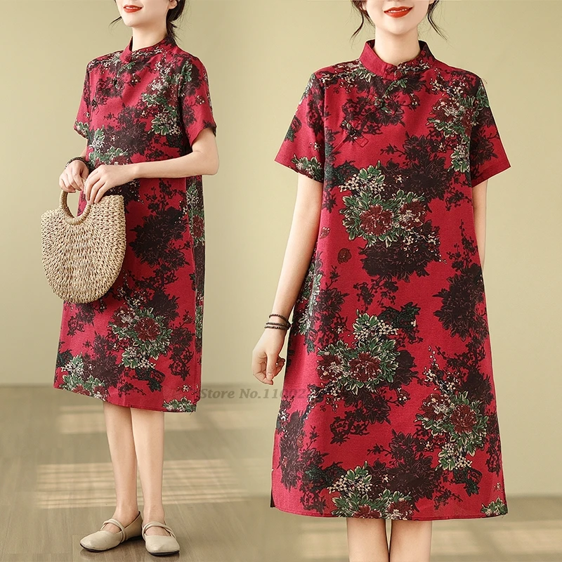 

2024 traditional chinese vintage dress improved cheongsam national flower print cotton linen qipao dress oriental folk dress