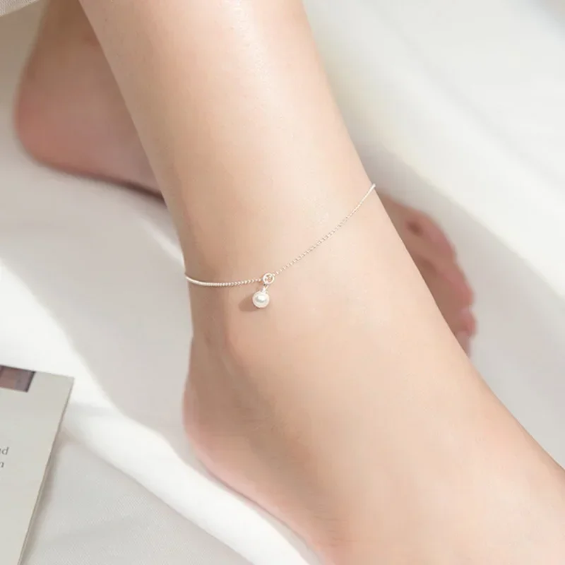 TrustDavis 925 Sterling Silver Fashion Synthesis Pearl Beads Chain Anklets for Women Wedding Fine S925 Jewelry DA1825