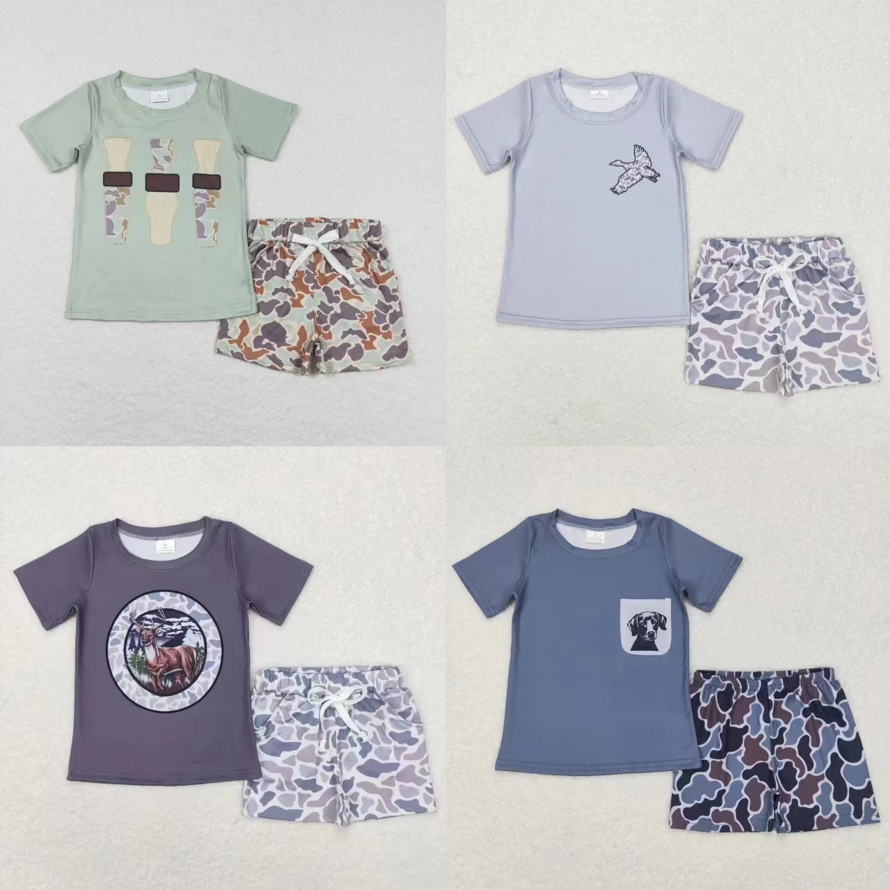 Wholesale Baby Boy Summer Set Children Short Sleeves Dog Duck Deer Tee T-shirt Toddler Infant Pocket Camo Shorts Kids Outfit