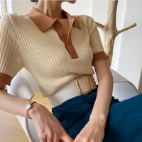 Summer Women's T-shirt Slim Knitted Polo Shirts Short Sleeved Tees Tops Lady's Fashion Skinny Casual Camisas for Women 2025 - Image 6