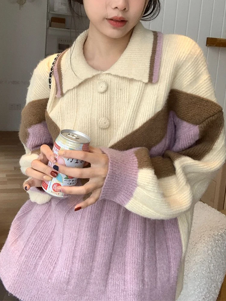 

Oversized Knitted Sweater Women Korean Fashion Contrast Color Patchwork Pullovers Female Autumn Winter Sweet Preppy Style Jumper